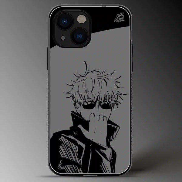 Middle Finger | Gojo | Jujutsu Kaisen | Anime | Grey Scale | Glass Phone Cover | Mobile Cover (Case) | Back Cover